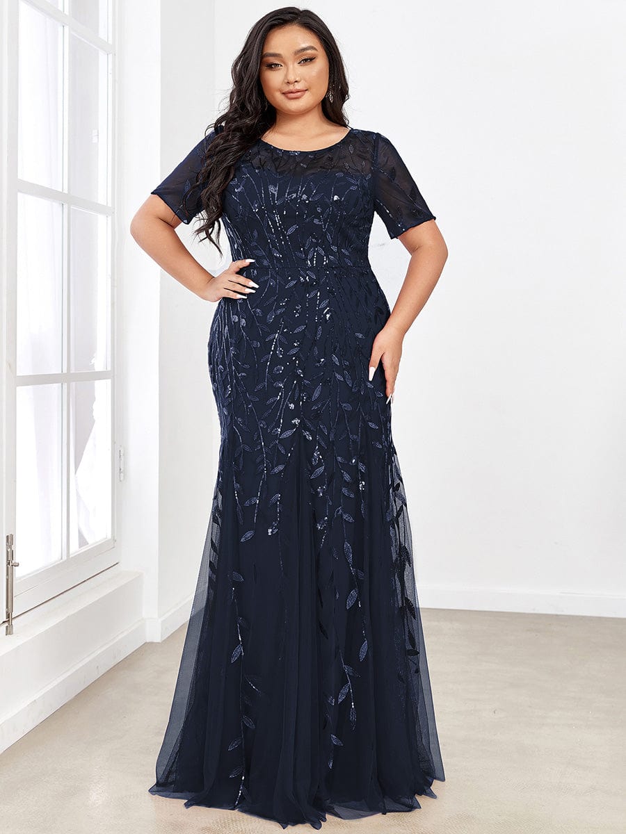 Plus Size Bodycon Sequin Tulle Maxi Dress #color_Navy Blue