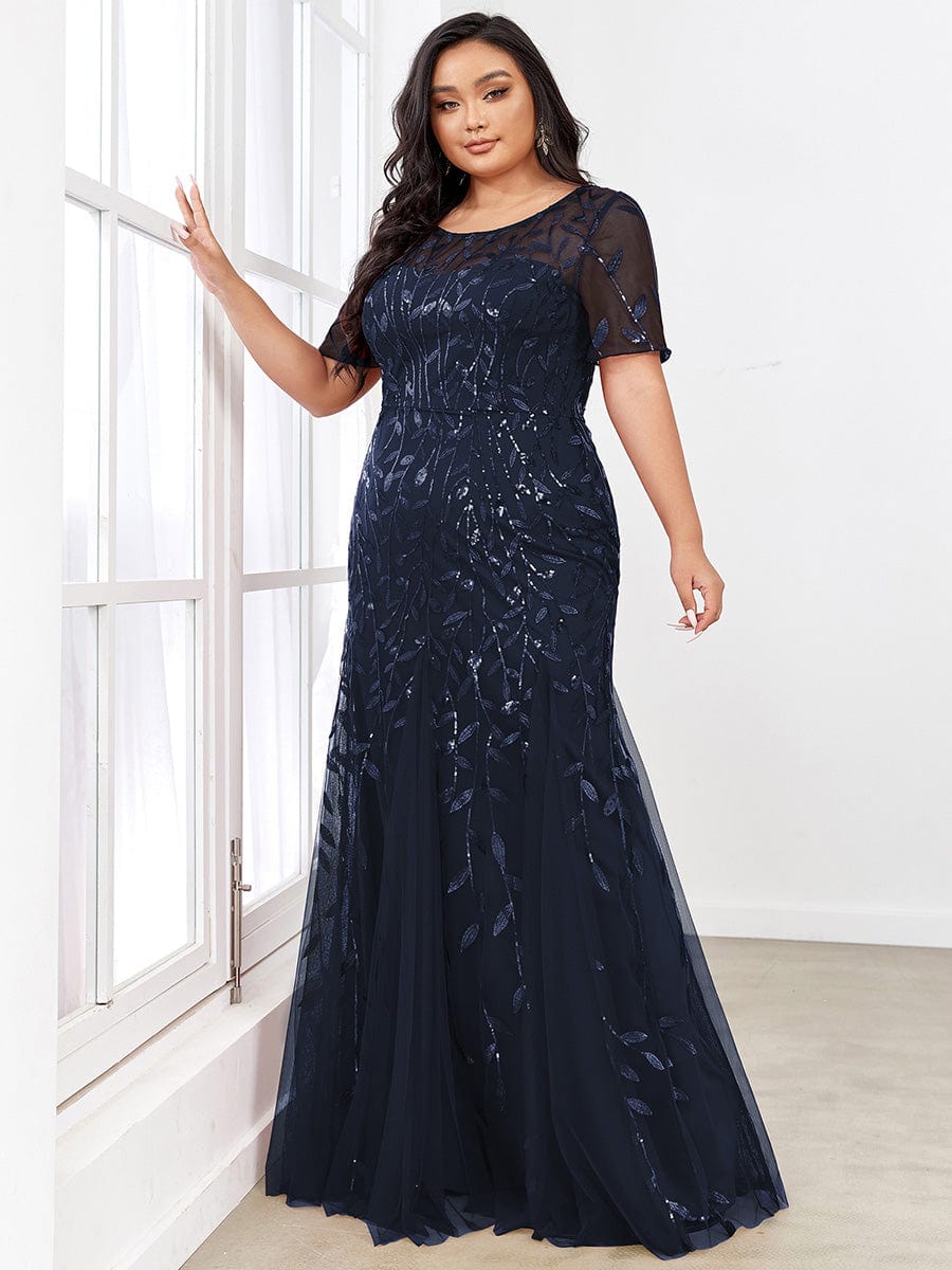 Plus Size Bodycon Sequin Tulle Maxi Dress #color_Navy Blue