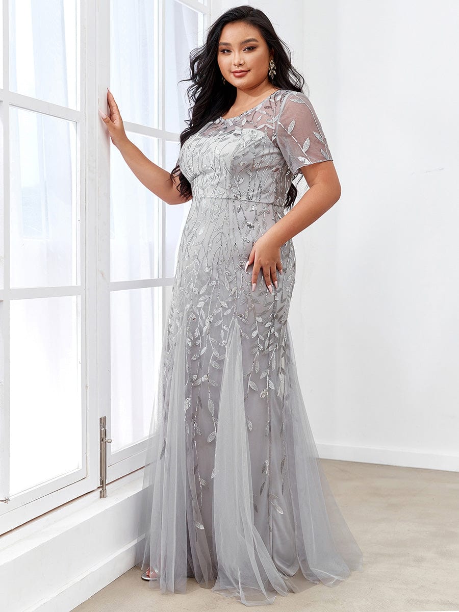 Plus Size Bodycon Sequin Tulle Maxi Dress #color_Silver