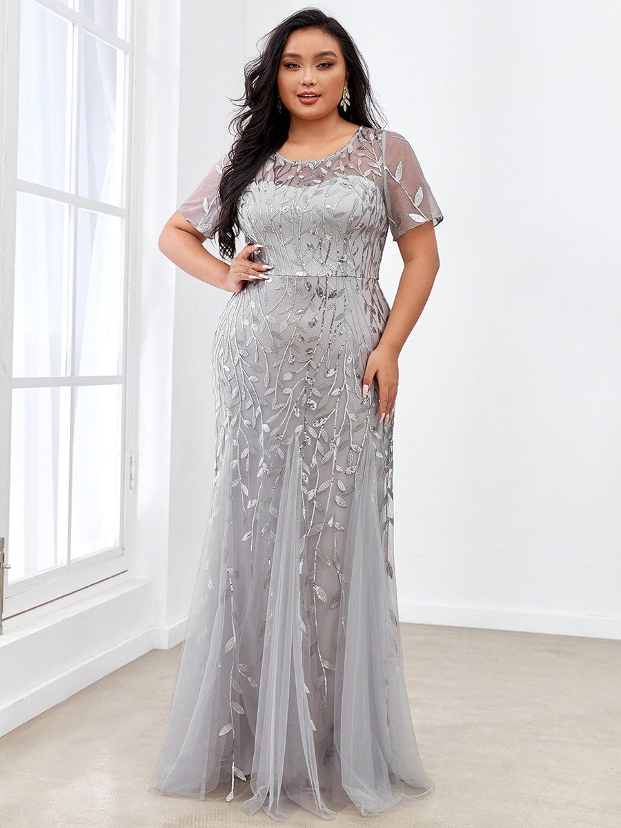 Plus Size Bodycon Sequin Tulle Maxi Dress #color_Silver