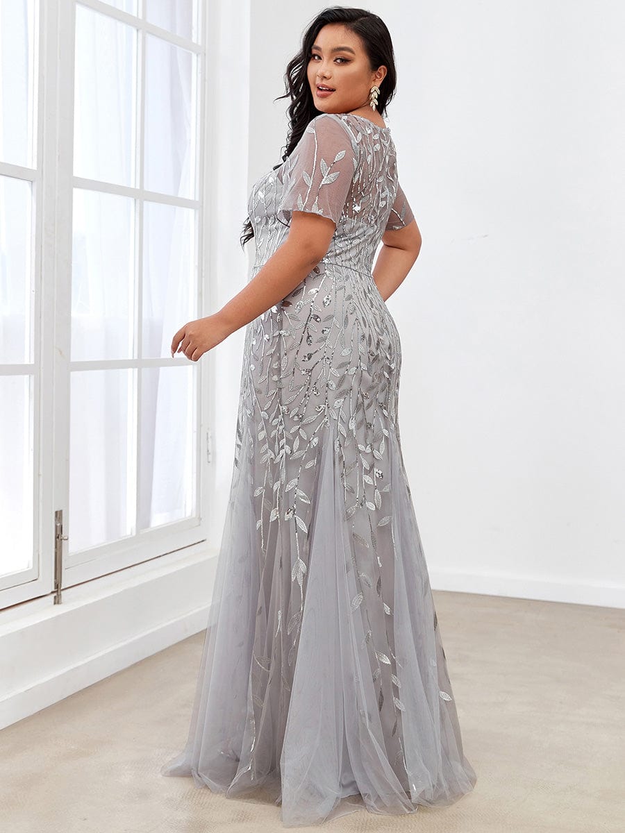 Plus Size Bodycon Sequin Tulle Maxi Dress #color_Silver