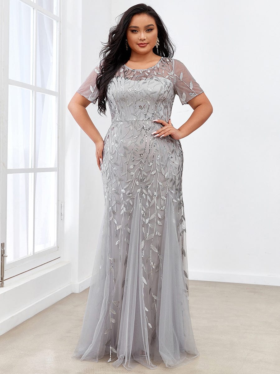 Plus Size Bodycon Sequin Tulle Maxi Dress #color_Silver