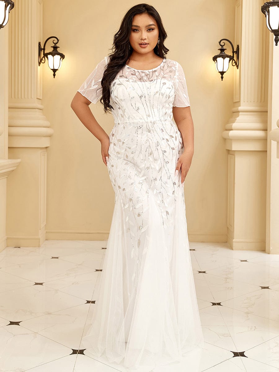 Plus Size Bodycon Sequin Tulle Maxi Dress #color_White