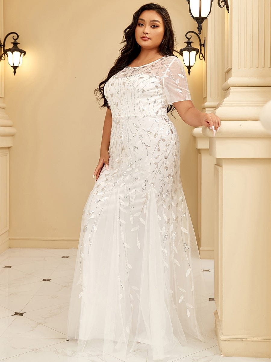 Plus Size Bodycon Sequin Tulle Maxi Dress #color_White